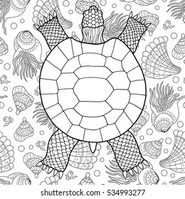 Black Turtle on white background. Adult coloring book.