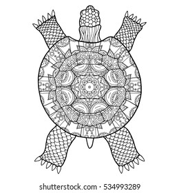 Black Turtle on white background. Adult coloring book.