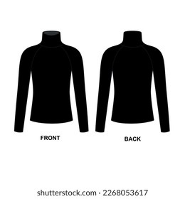 Black turtleneck sketch, front and back view. Vector drawing of a sweater with a high collar. Sweatshirt template with long sleeves and long collar, vector.