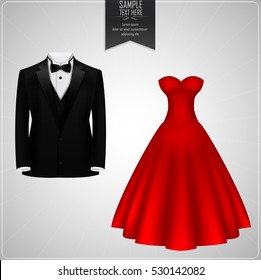 Black tuxedo and red bridal gown.Vector illustration