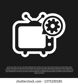 Black Tv and gear icon isolated on black background. Television service concept. Adjusting app, setting options, maintenance, repair, fixing. Vector Illustration