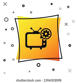 Black Tv and gear icon isolated on white background. Television service concept. Adjusting app, setting options, maintenance, repair, fixing. Yellow square button. Vector Illustration