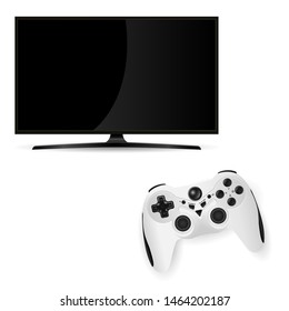 Black Tv Monitor. Vector Flat Television Screen with Gamepad Controller. Videogame Challenge Console. Modern Lcd Plasma on Stand with Joystick isolated on White. Computer Gamer Play Station
