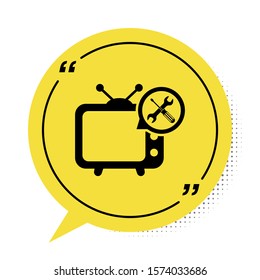 Black Tv with screwdriver and wrench icon isolated on white background. Adjusting, service, setting, maintenance, repair, fixing. Yellow speech bubble symbol. Vector Illustration