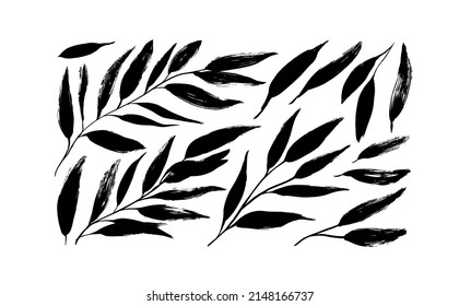 Black twig, leaves or sprig silhouettes collection. Clip art and icons botanical element. Silhouette of herbs isolated on white background. Monochrome botanical elements with dry brush stroke effect