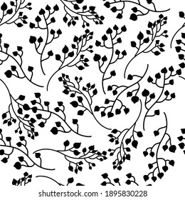 Black twigs with leaves. Vector seamless pattern with black branches.