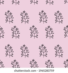 Black twigs in style of doodle on pink background. Endless pattern for printing on fabric and packaging paper.