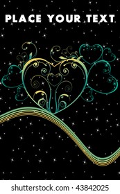 black twinkle star background with floral pattern romantic heart