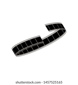 Black twisted or curly film strip with gray edging cartoon style, vector illustration isolated on white background. Tape roll of movie pictures, reeled off cine-film