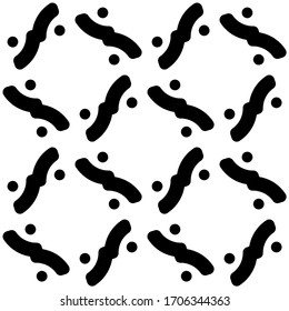 Black twisted lines and small circles on white background.