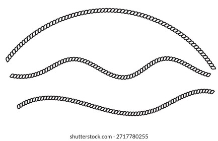Schwarz verdrillt Seil Rand Design . Horizontal angeordnete minimale schwarze Seilwindungen, die als nautische Ränder, Teiler oder dekorative Elemente auf weißem Hintergrund dienen.
