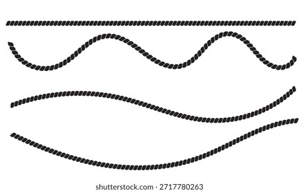 Black twisted rope border design . Minimal black twisted rope lines arranged horizontally, useful as nautical borders, dividers, or decorative elements on white background.
