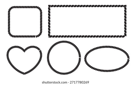 Schwarz verdrillt Seil Rand Design . Horizontal angeordnete minimale schwarze Seilwindungen, die als nautische Ränder, Teiler oder dekorative Elemente auf weißem Hintergrund dienen.
