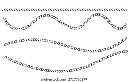Schwarz verdrillt Seil Rand Design . Horizontal angeordnete minimale schwarze Seilwindungen, die als nautische Ränder, Teiler oder dekorative Elemente auf weißem Hintergrund dienen.
