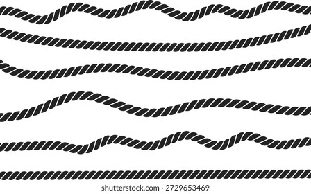 Schwarze verdrillte Seillinien, die fließende Wellen erzeugen. Nautischer Kordelvektor, rein, einzeln auf weiß. Ideal für maritime Hintergründe, Grenzen und minimale Designs.
