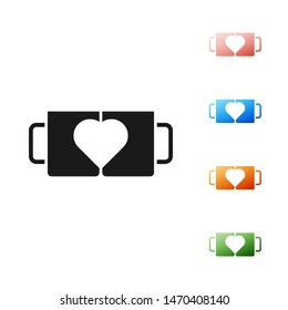 Black Two coffee cup and heart icon isolated on white background. Couple coffee for lovers on Valentines Day. Set icons colorful. Vector Illustration