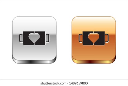 Black Two coffee cup and heart icon isolated on white background. Couple coffee for lovers on Valentines Day. Silver-gold square button. Vector Illustration