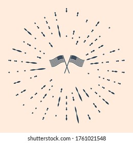Black Two crossed American waving flags icon isolated on beige background. National flag of USA. The United States of America flag. Independence day. Abstract circle random dots. Vector Illustration