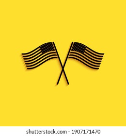 Black Two crossed American waving flags icon isolated on yellow background. National flag of USA. The United States of America flag. Independence day. Long shadow style. Vector.
