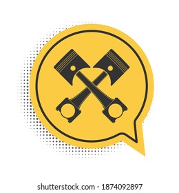 Black Two crossed engine pistons icon isolated on white background. Yellow speech bubble symbol. Vector.