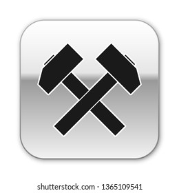 Black Two crossed hammers icon isolated on white background. Tool for repair. Silver square button. Vector Illustration