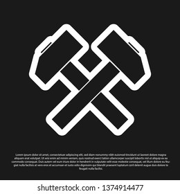 Black Two crossed hammers icon isolated on black background. Tool for repair. Vector Illustration