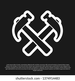 Black Two crossed hammers icon isolated on black background. Tool for repair. Vector Illustration