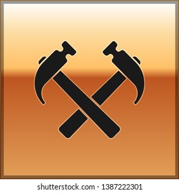 Black Two crossed hammers icon isolated on gold background. Tool for repair. Vector Illustration