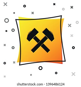 Black Two crossed hammers icon isolated on white background. Tool for repair. Yellow square button. Vector Illustration