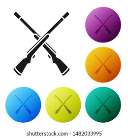 Black Two crossed shotguns icon isolated on white background. Hunting gun. Set icons colorful circle buttons. Vector Illustration
