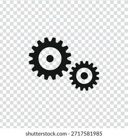 Schwarze Vektorgrafik mit zwei Zahnrädern einzeln auf transparentem Hintergrund. Konzept für Industrie, Umgebung und Teamarbeit