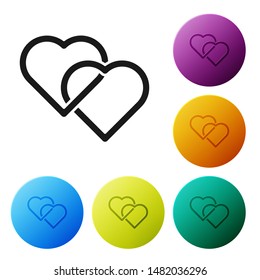 Black Two Linked Hearts icon isolated on white background. Romantic symbol linked, join, passion and wedding. Valentine day symbol. Set icons colorful circle buttons. Vector Illustration