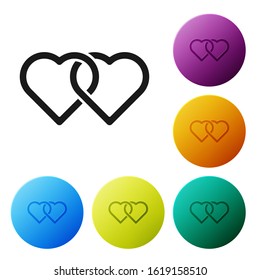 Black Two Linked Hearts icon isolated on white background. Romantic symbol linked, join, passion and wedding. Valentine day. Set icons colorful circle buttons. Vector Illustration