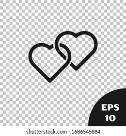 Black Two Linked Hearts icon isolated on transparent background. Romantic symbol linked, join, passion and wedding. Happy Women Day.  Vector Illustration