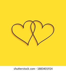 Black Two Linked Hearts icon isolated on yellow background. Heart two love. Romantic symbol linked, join, passion and wedding. Valentine day symbol. Long shadow style. Vector.
