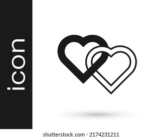 Black Two Linked Hearts icon isolated on white background. Romantic symbol linked, join, passion and wedding. Valentine day.  Vector