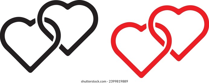 Black Two Linked Hearts icon. Romantic symbol linked, join, passion and wedding. Happy Women Day. 