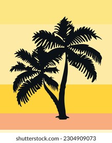 Black Two Palm Tree with Leaves Silhouette Vector Drawing.Tropical leaf stencil shadow on sunny yellow background.Posters,Cards,Photo,Overlay,T Sirt Print,Vinyl wall sticker decal.Plotter laser cut