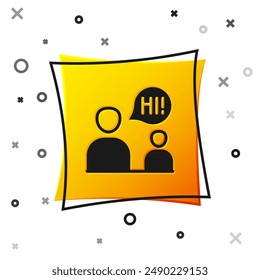 Black Two sitting men talking icon isolated on white background. Speech bubble chat. Message icon. Communication or comment chat symbol. Yellow square button. Vector