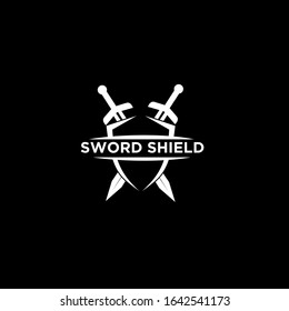 black two sword and shield logo icon design vector with dark background