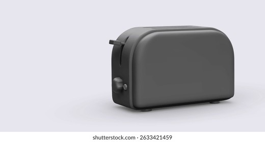 Black Two-Slot Toaster With Lever And Knob On Light Background, Minimal 3D Style Representing Modern Kitchen Appliance For Breakfast, Toast Preparation, And Daily Routine. Vector Illustration.