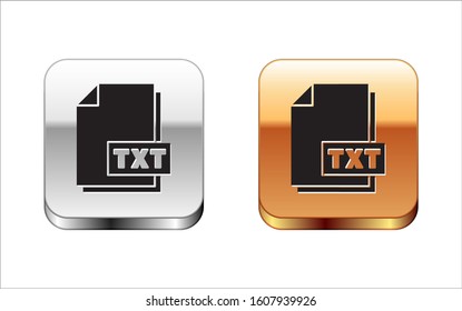 Black TXT file document. Download txt button icon isolated on white background. Text file extension symbol. Silver-gold square button. Vector Illustration