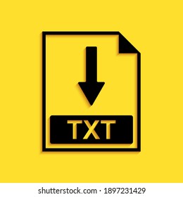 Icono de documento de archivo TXT negro. Descargar icono del botón TXT aislado en el fondo amarillo. Estilo de sombra larga. Vector.