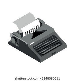 Black typewriter with sheet of paper isometric icon 3d vector illustration