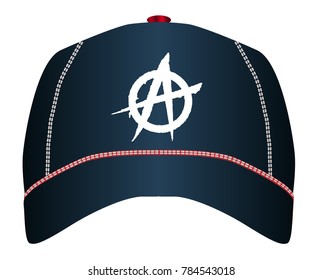 A black typical baseball cap with anarchy graffiti style logo