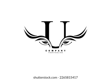 Black U letter logo design with wing shaped feather ornament. monogram emblem, typography logo. initial letter.suitable for logos of business, boutique, company, fashion, hotel, etc