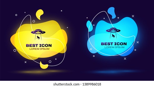 Black UFO abducts cow icon isolated on blue background. Flying saucer. Alien space ship. Futuristic unknown flying object. Set of liquid color abstract geometric shapes. Vector Illustration