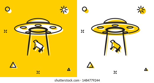 Black UFO abducts cow icon isolated on yellow and white background. Flying saucer. Alien space ship. Futuristic unknown flying object. Random dynamic shapes. Vector Illustration