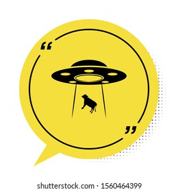 Black UFO abducts cow icon isolated on white background. Flying saucer. Alien space ship. Futuristic unknown flying object. Yellow speech bubble symbol. Vector Illustration