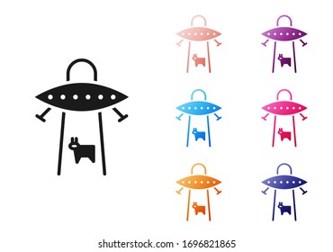 Black UFO abducts cow icon isolated on white background. Flying saucer. Alien space ship. Futuristic unknown flying object. Set icons colorful. Vector Illustration